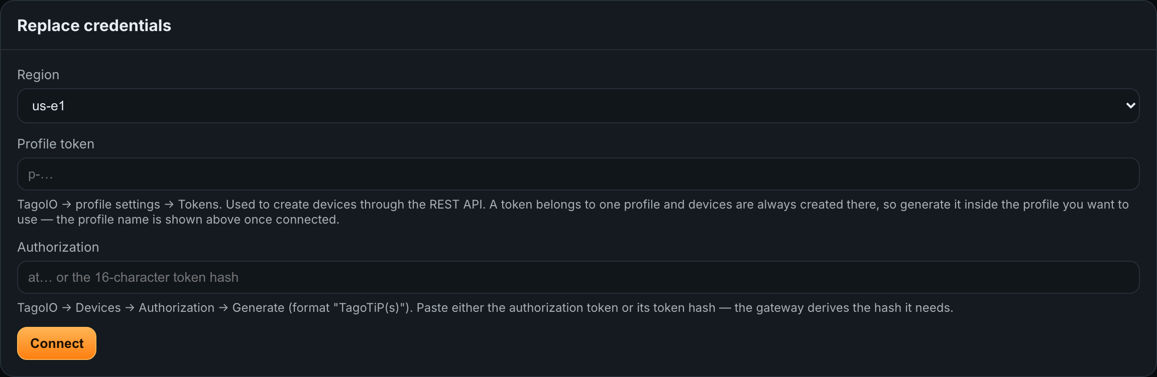 TagoIO > Connection > credentials form