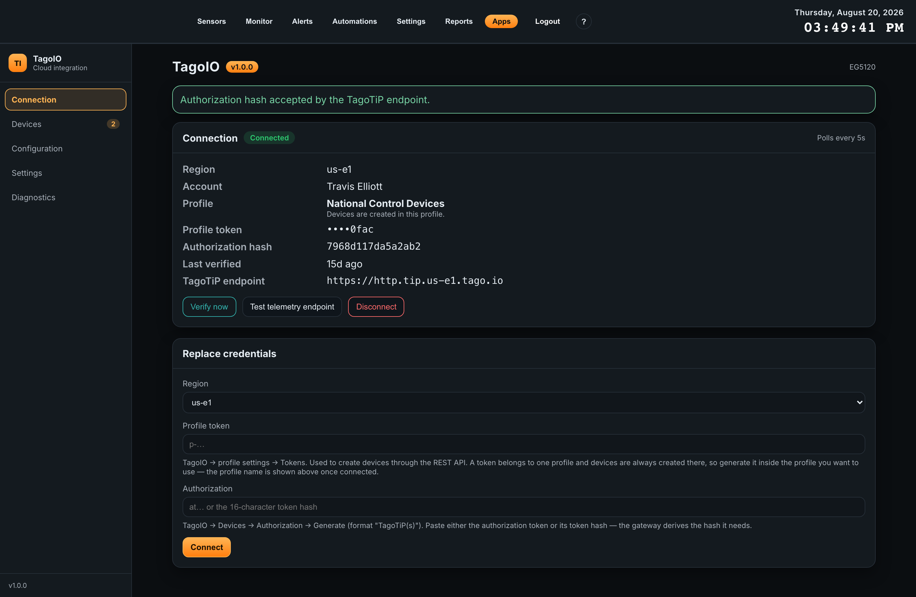 TagoIO > Connection > Test telemetry endpoint
