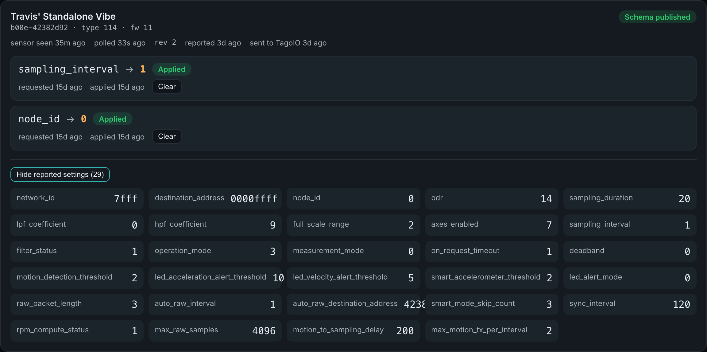 TagoIO > Configuration > Show reported settings