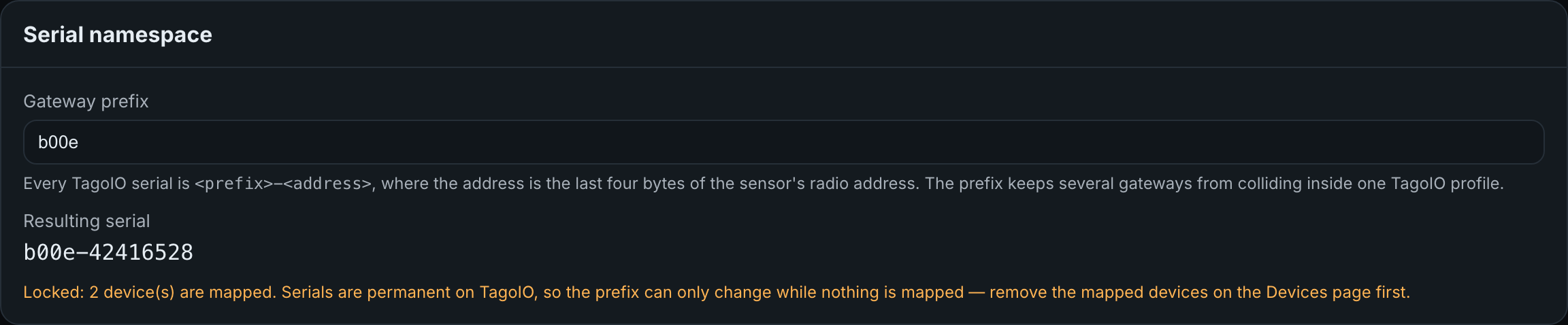 TagoIO > Settings > Serial namespace
