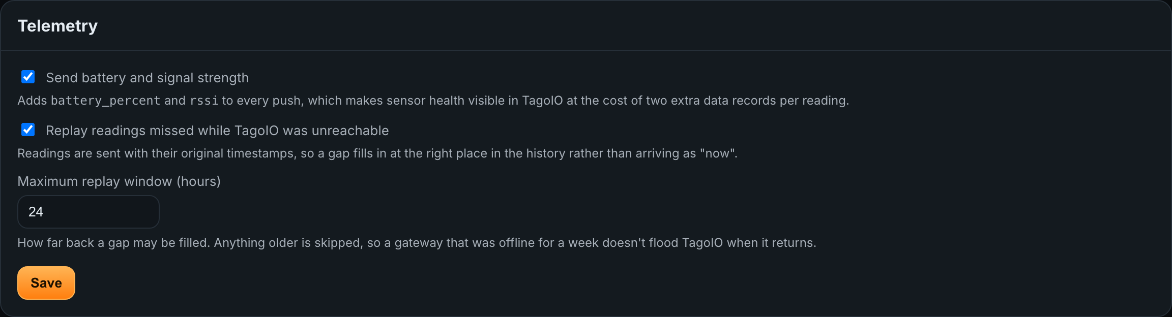 TagoIO > Settings > Telemetry