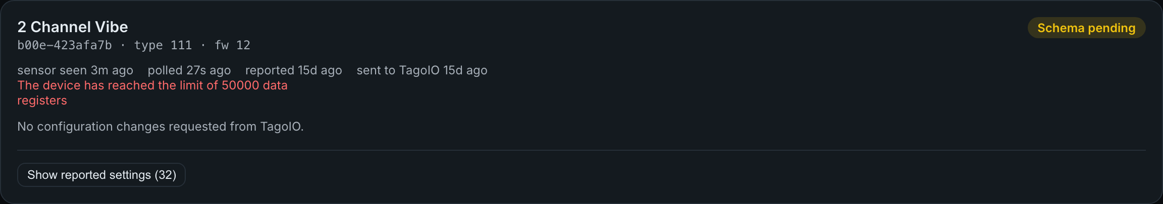 TagoIO > Configuration > sensor card with an error