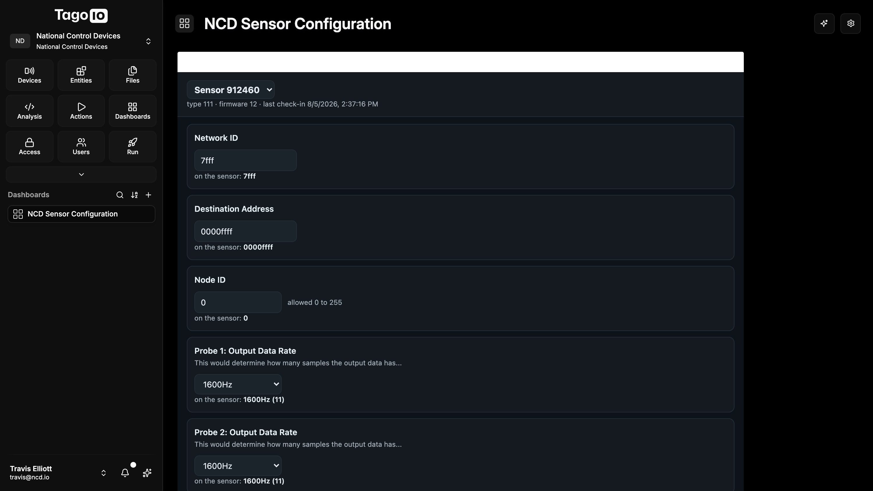 TagoIO > Dashboards > NCD Sensor Configuration